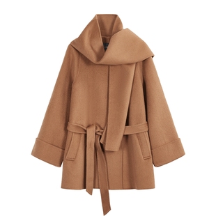 NEELLY纳俪商场同款可拆卸中长款围巾领大衣女冬驼色双面毛呢外套