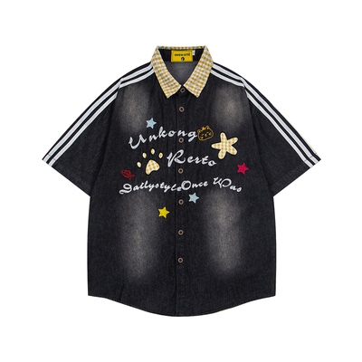 美式刺绣水洗条纹牛仔短袖衬衫男