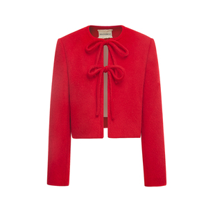 HSIYOUNWOO 秋冬羊驼毛设计感短款新年大红色蝴蝶结加厚小外套