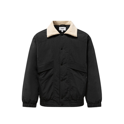 森马羽绒服男中长款2024冬新款拼接仿羊羔绒翻领夹克宽松三防外套