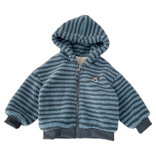男童条纹加绒外套2025秋冬装儿童宝宝连帽衫中小童柔软卡通毛毛衣