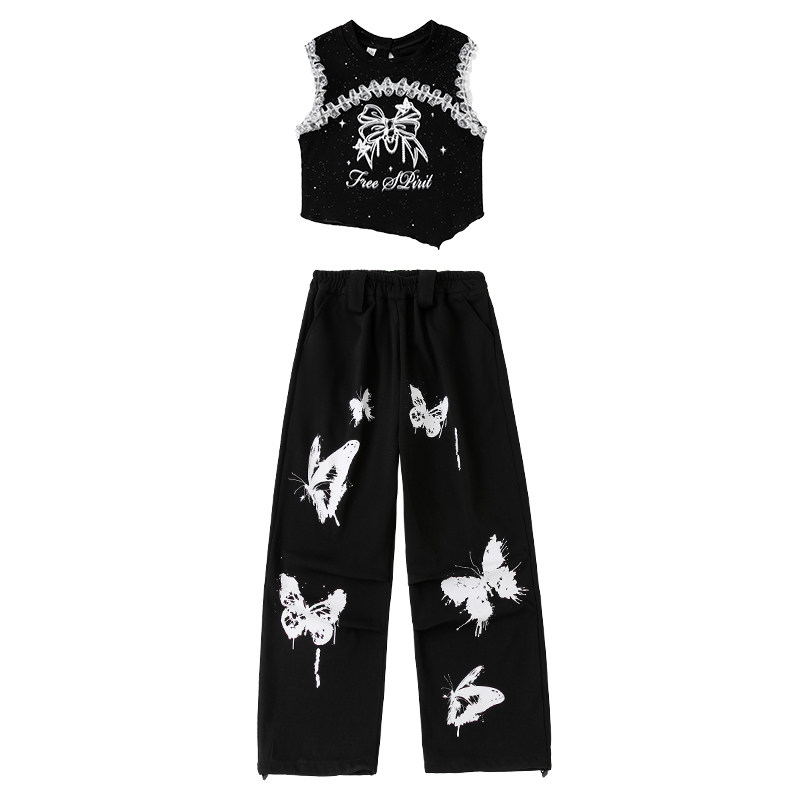 儿童爵士舞服装女童新款法式甜酷蝴蝶套装少儿街舞jazz演出服夏潮