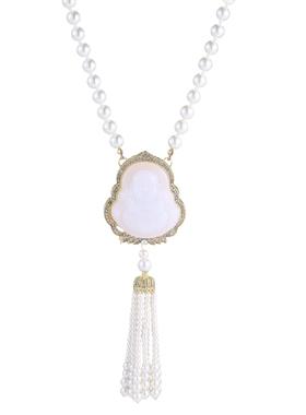 佛公仿玉髓珍珠项链女款高级感轻奢小众长款秋冬款毛衣链吊坠挂件