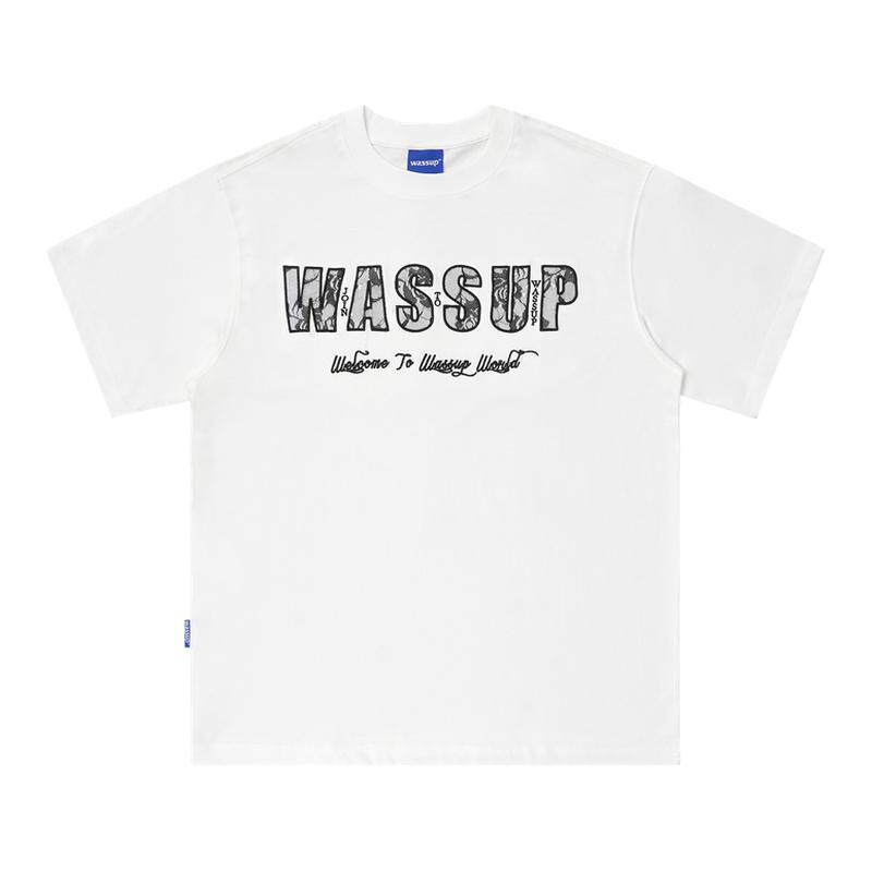WASSUP字母网纱刺绣重磅短袖T恤