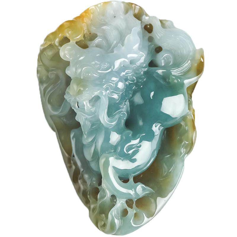 缅甸翡翠黄加绿麒麟玉手把件正品