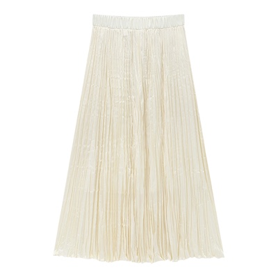 百家好白色褶皱缎面百褶裙女春季新款高腰显瘦中长垂感A字半身裙