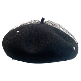 100%羊毛网纱水钻贝雷帽子女秋冬法式名媛百搭小香风显脸小画家帽