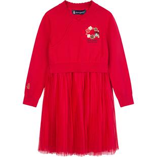 暇步士童装女童连衣裙25秋新品大童甜美喜庆网纱公主裙儿童拜年裙