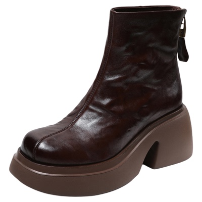 马丁靴厚底真皮手抓纹轻奢牛皮