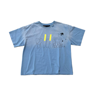 Paly hollywood天蓝色水洗做旧破坏口袋短袖boxy小众潮男女T恤tee