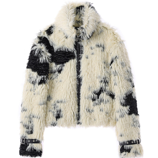 现货CRANK 25冬新款皮革搭扣环保皮草短外套毛毛夹克韩国代购