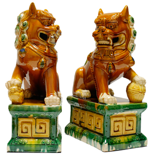唐三彩陶瓷狮子一对摆件客厅玄关室内室外工艺品礼品门口摆放
