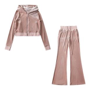 liviahome美式辣妹丝绒运动休闲套装女秋冬新款上衣长裤两件套