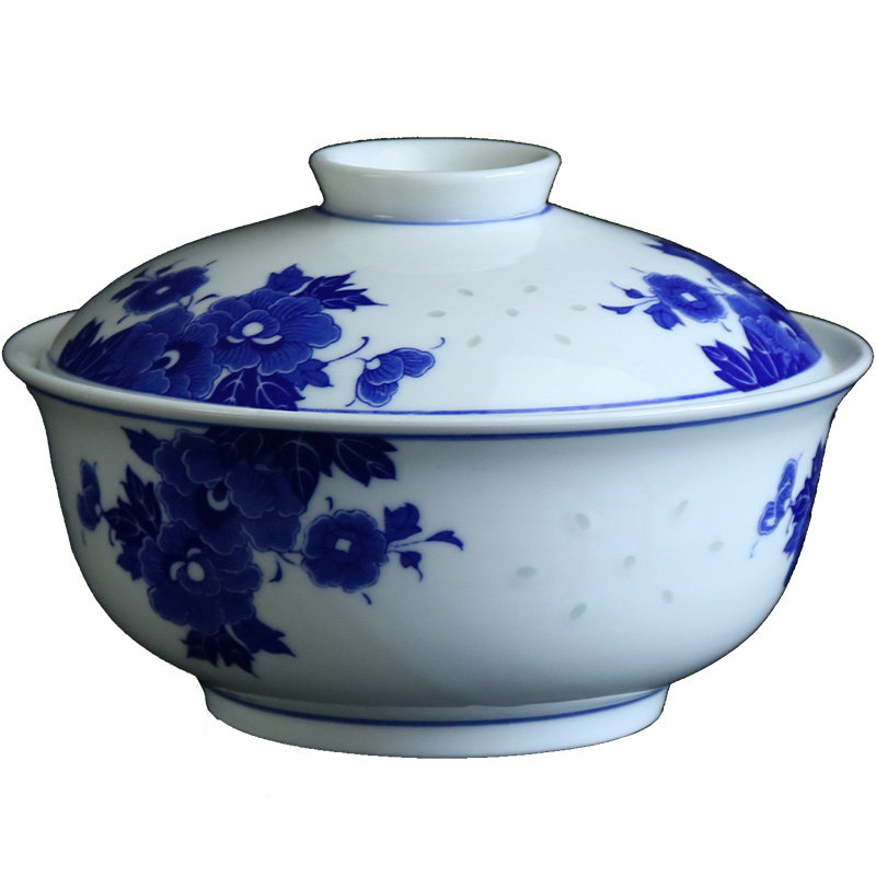 景德镇青花玲珑带盖盘子中式保温菜盘家用陶瓷餐具合器碟子套装