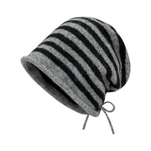 日系卷边条纹针织堆堆帽女秋冬百搭保暖护耳显脸小包头毛线冷帽子