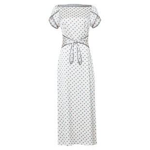 2026年夏季新款法式气质一字肩花苞袖收腰显瘦撞色印花长款连衣裙