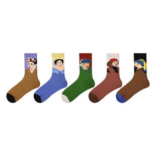 R名人之旅 原创女袜秋冬新款中筒袜艺术油画风小众风长袜ins潮袜