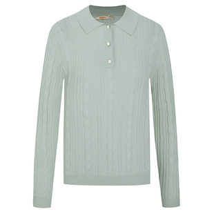 皮皮狗春夏新款绞花POLO领半开襟套头衫女休闲通勤针织外套