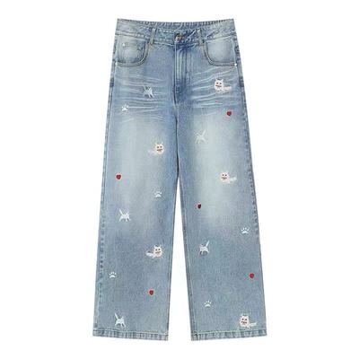猫咪图案情侣同款阔腿宽松牛仔裤
