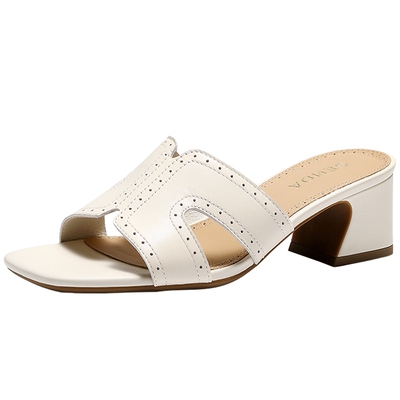 森达时装凉鞋女鞋夏季新款商场同款羊皮时尚粗跟外穿凉拖鞋4ZV37