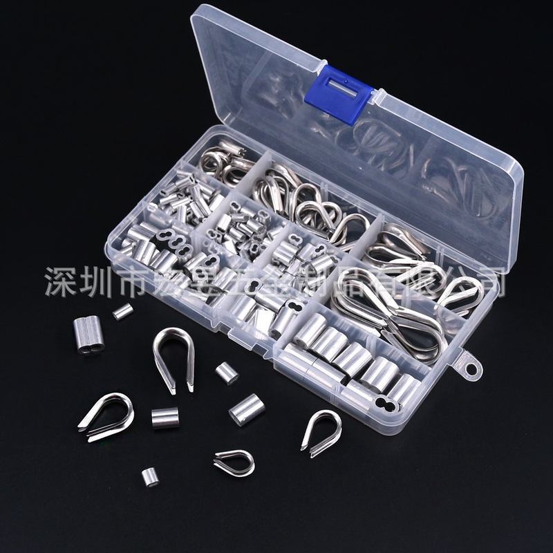 195PCS盒装304不锈钢套环鸡心环双孔套组合铝椭圆钢丝绳8字形夹头