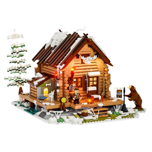 Funwhole复古房屋狩猎小屋灯光积木木屋别墅街景模型摆件拼装玩具