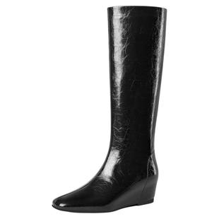 星期六真皮坡跟骑士靴女2025新款秋冬高筒长靴时尚百搭内增高靴子