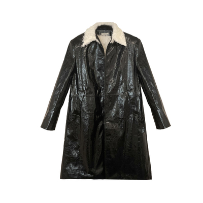 JACQUESWEI黑色漆皮毛领长大衣