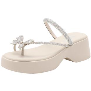 百丽女鞋水钻蝴蝶一字带夹脚人字拖女夏新款时尚精致凉鞋B2012BT4