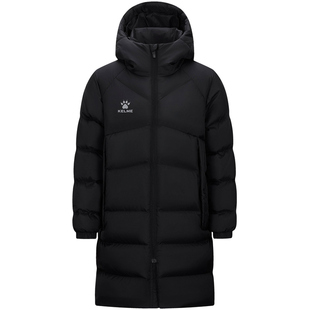 卡尔美儿童长款连帽羽绒服男童女童防风防寒保暖过膝加厚黑色外套