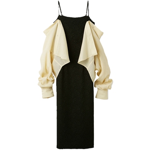 SNIDEL秋冬甜美优雅长袖衬衫露肩吊带提花连衣裙两件套SWFO234106