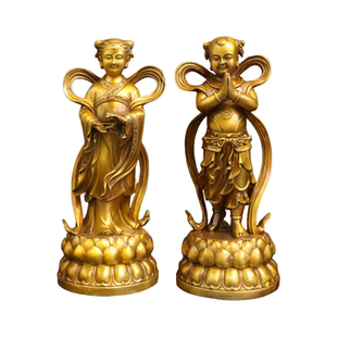 纯黄铜金童玉女佛像居家供奉善财童子站莲龙女神像童男童女铜摆件
