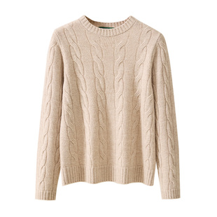 春竹100%羊毛2026春季新款圆领绞花宽松纯色毛衣厚款保暖女羊毛衫