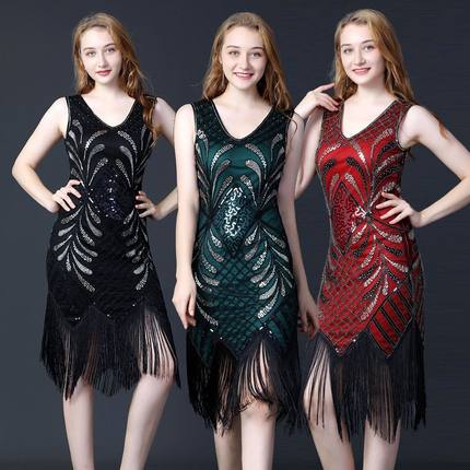 1920s复古流苏裙聚会舞会亮片流苏舞裙双V领无袖连衣裙钉珠小礼服