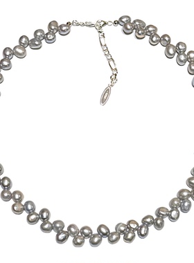 QuriouStone其石 灰天然珍珠锁骨链巴洛克蕾丝珍珠925银项链 叠戴