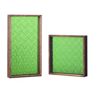 海棠花托盘玻璃茶盘复古长方形绿色透明木质边框咖啡点心家用盘子