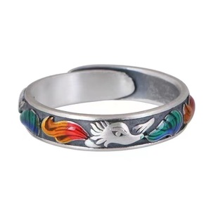 溪御珐琅彩九尾狐狸戒指足银女士复古民族风轻奢高级简约时尚七夕