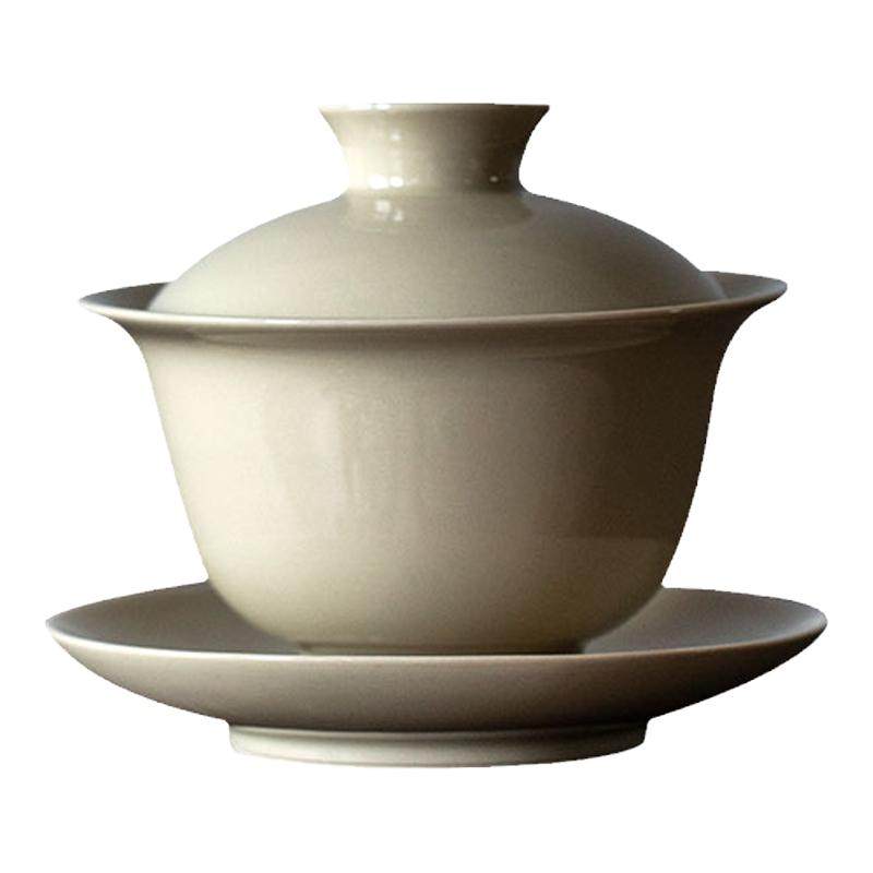 中式复古三才盖碗茶杯草木灰陶瓷不烫手手抓茶碗功夫茶具套装家用