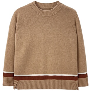 【匠心工艺】云柔感复古气质女式纯山羊绒配色开叉圆领套衫