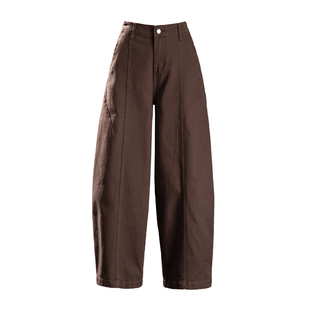 小个子弯刀牛仔裤女2025新款秋冬咖啡色加绒裤子慵懒风九分气球裤