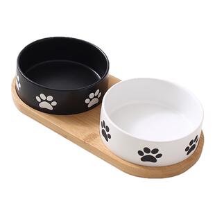 玛特利创意猫爪印猫碗陶瓷狗食盆猫咪黑色喝水碗防打翻猫粮碗托盘