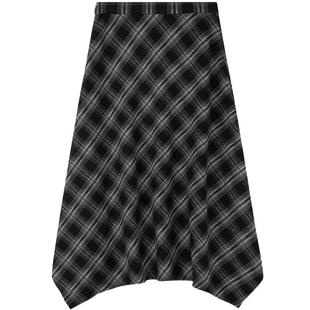 LAGOGO不规则黑白显瘦格子半身裙女拉谷谷2025冬新款气质复古长裙
