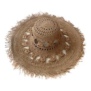 欧美风草编大檐镂空太阳帽女夏季出游海边度假遮阳防晒可折叠草帽