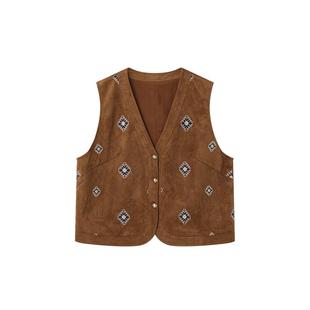 时然大码女装麂皮绒绣花马甲25秋季新款微胖mm波嬉风v领开衫上衣