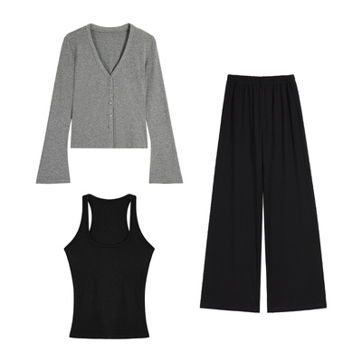 NEVA HU长袖v领针织开衫女吊带背心垂感拖地休闲裤慵懒风三件套装