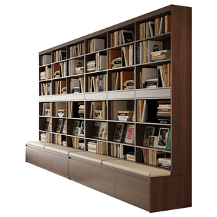 定制全实木卡座书柜中古风整墙客厅书架橡木满墙置储物落地展示柜