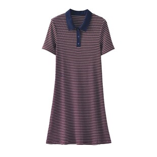 肌音女春夏条纹POLO领连衣裙撞色翻领修身显瘦莱赛尔棉休闲中裙