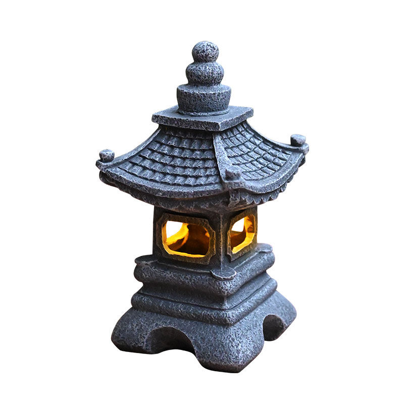 日式装饰太阳能宫灯禅意摆件仿古石塔灯笼花园别墅阳台庭院小夜灯