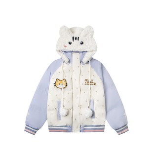 文文不乖原创宅萌可爱猫咪魔术贴星星撞色毛领连帽棉服女秋冬加厚