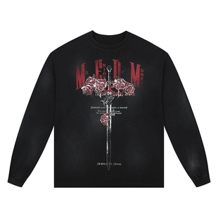 MEDM 玫瑰与剑水洗长袖T恤男女同款秋季上衣美式复古休闲情侣体恤